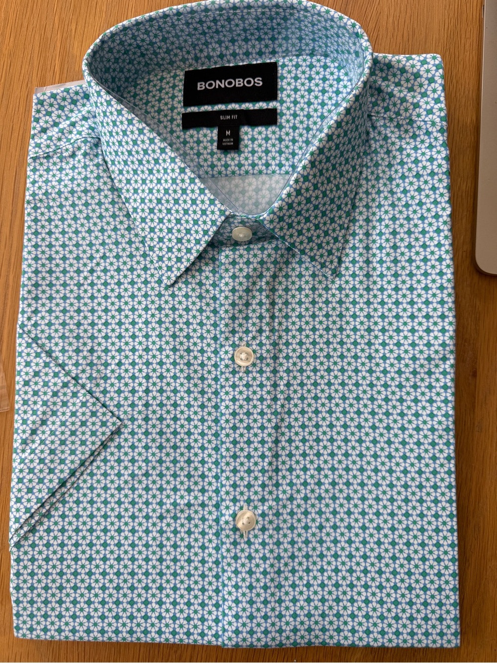 Bonobos Tech Short Sleeve Shirt Blue Tile Slim Fit M NWT